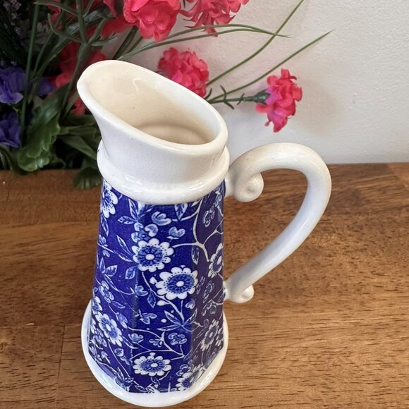 Vintage Blue and‎ White Floral Transferware Pitcher Scroll Handle Ceramic Jug - Picture 3 of 6